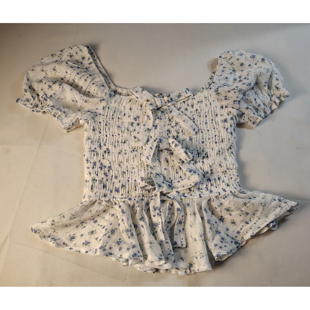 Trixxi Los Angeles Womens Blue Floral Smocked Peplum Puff Sleeve Top Size Small